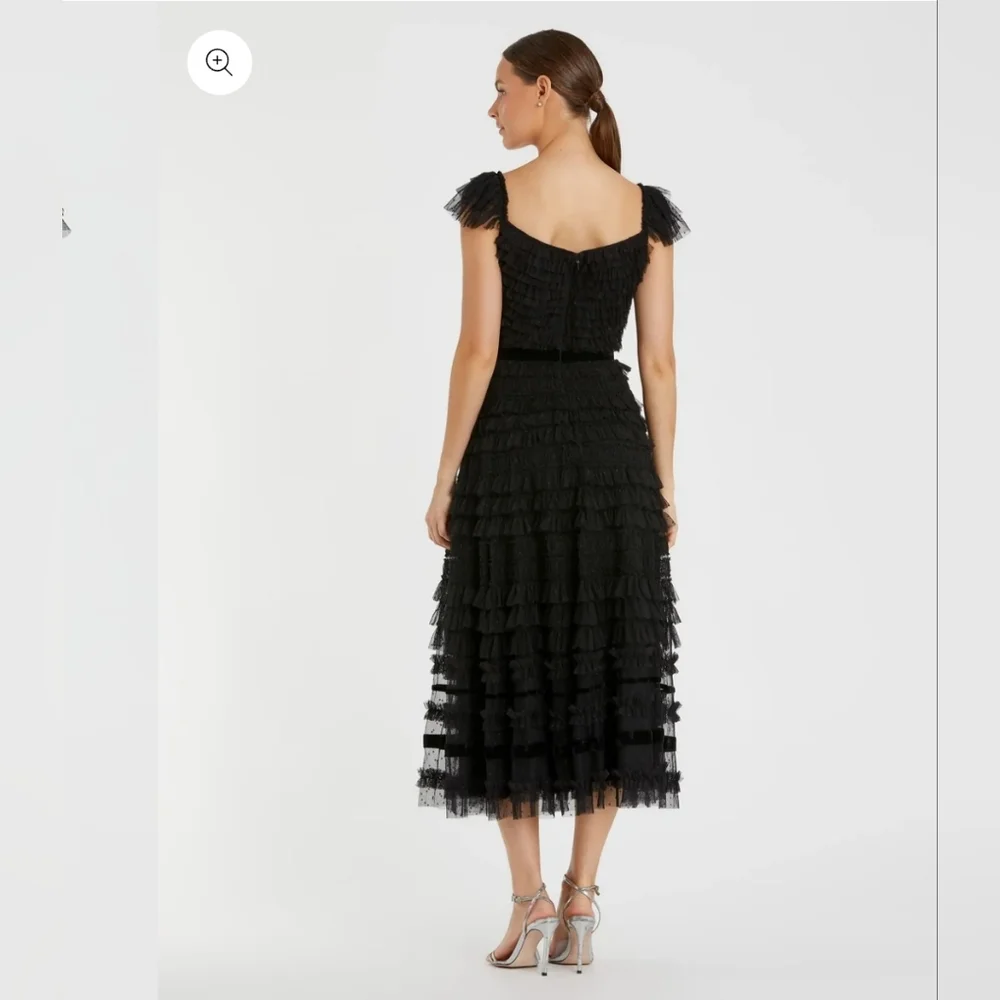 Black Ruffle Cap Sleeve Tiered Midi DressRegular price$398 USD - Picture 1 of 12